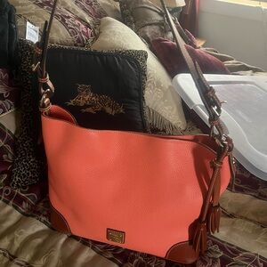 Dooney & Bourke Coral Orange Pebbled Leather Shoulder Bag with Brown Trim